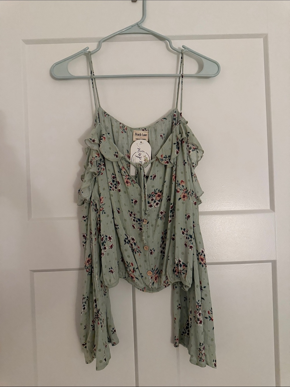 Green Floral Ruffle Cold-Shoulder Top